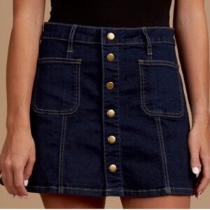 Altar'd State Dark Denim Button-Front Mini Skater Skirt